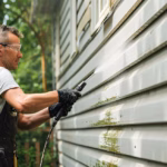 A white male using a rubber spray wand to pressure wash the exterior of a home.